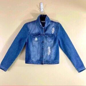 HIGHWAY JEANS Med Wash Distressed Denim Trucker Jean Jacket Size S